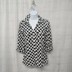 Ann Taylor Polka Dot Button-Up Blouse White Black Sheer Roll Tab 12